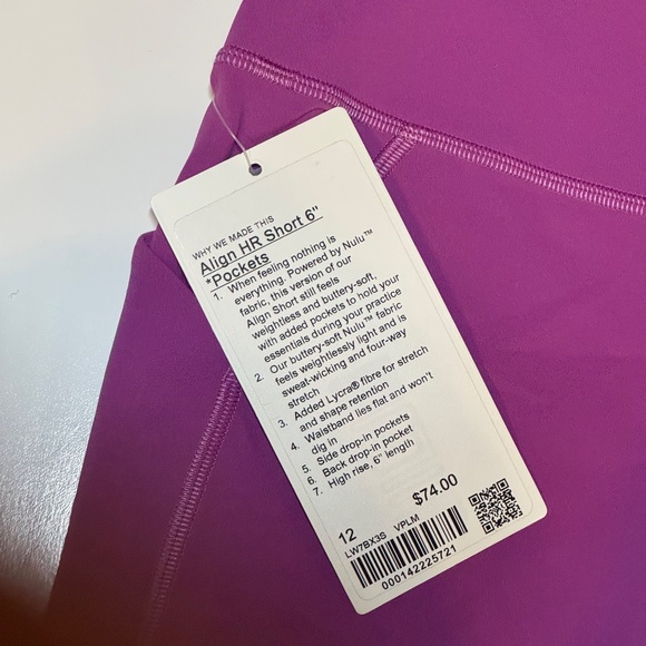 Lululemon Align High Rise Shorts 6" with Pockets NEW WITH TAGS (L, Vivid Plum) - Picture 6 of 7